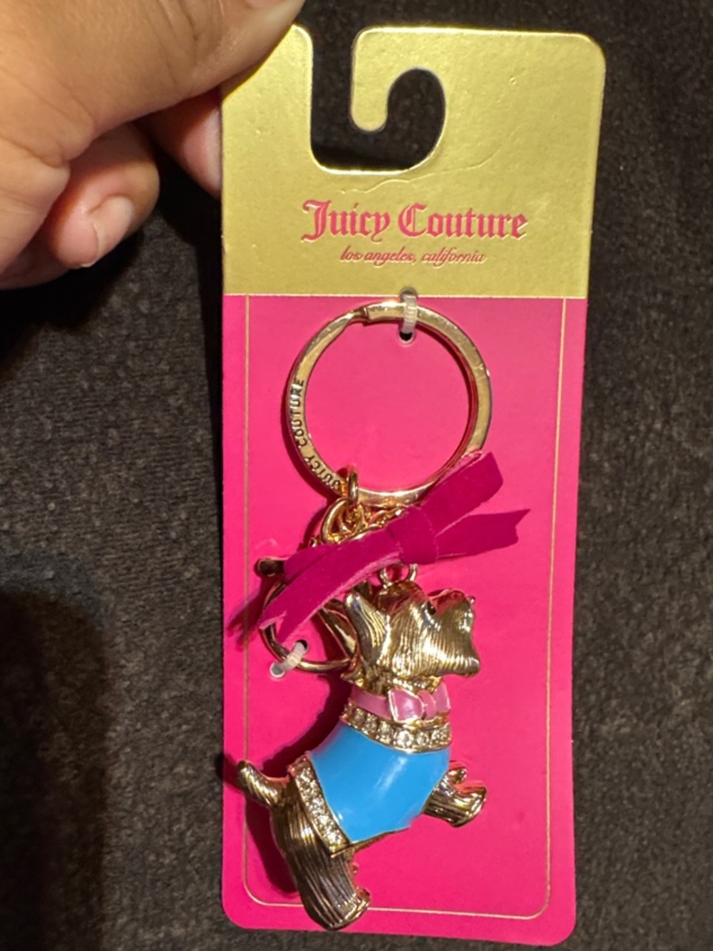 Juicy Couture Gold Dog Keyring with Hot Pink Ribbon and Blue Enamel